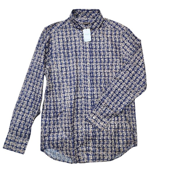 J. McLaughlin Carnegie Flannel Shirt S‎ Tan & Blue Mini Banana Floral Print - Picture 2 of 9